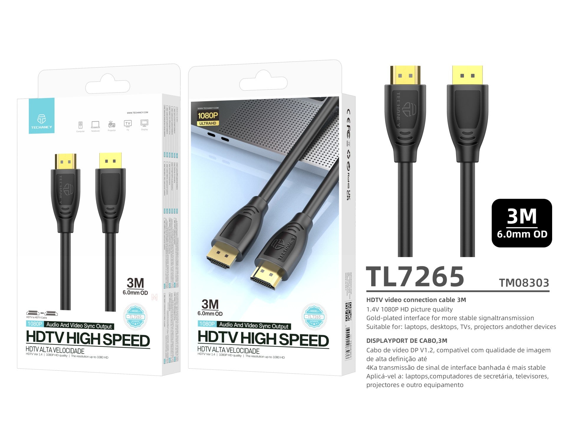 Techancy Cabo Hdtv De Alta Velocidade TL7265,3m, Ecrã Hd 1080p Para Televisores, Computadores, Projectores E Consolas - Image 5