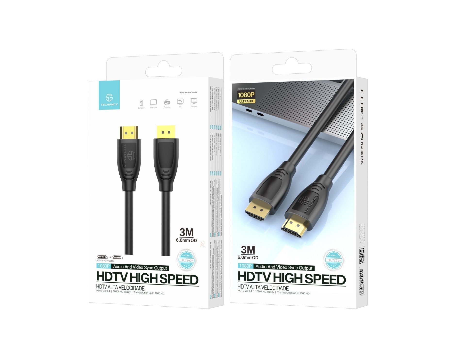 Techancy Cabo Hdtv De Alta Velocidade TL7265,3m, Ecrã Hd 1080p Para Televisores, Computadores, Projectores E Consolas - Image 4